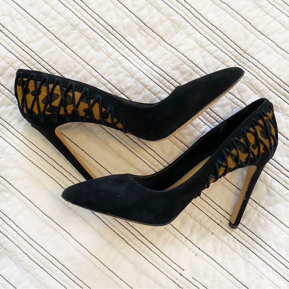 Brian Atwood Vero Cuoio Suede Black & Leopard Real Calf Hair Heels size 6.5 - Picture 8 of 8